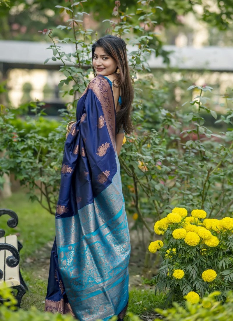 Navy Blue Banarasi Silk Saree With Resham Work