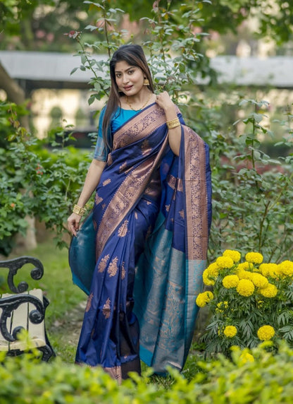 Navy Blue Banarasi Silk Saree With Resham Work