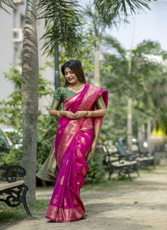Magenta Banarasi Silk Saree With Resham Work
