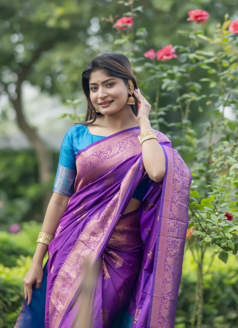 Purple Banarasi Silk Saree With Resham Work