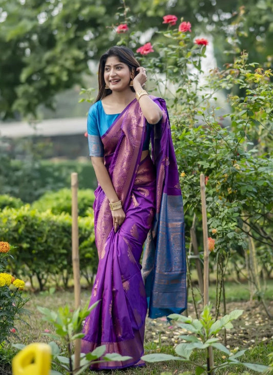 Purple Banarasi Silk Saree With Resham Work