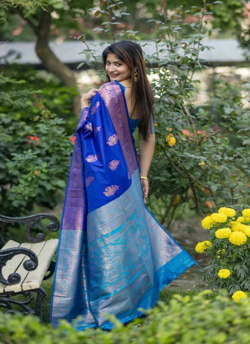 Blue Banarasi Silk Saree With Resham Work