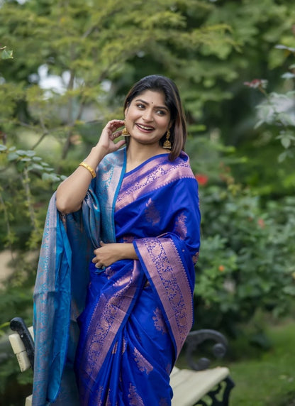 Blue Banarasi Silk Saree With Resham Work