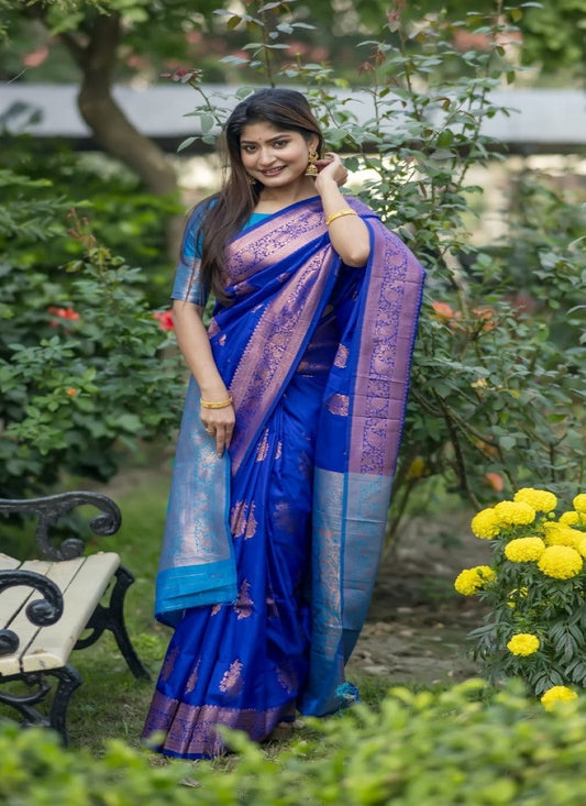 Blue Banarasi Silk Saree With Resham Work