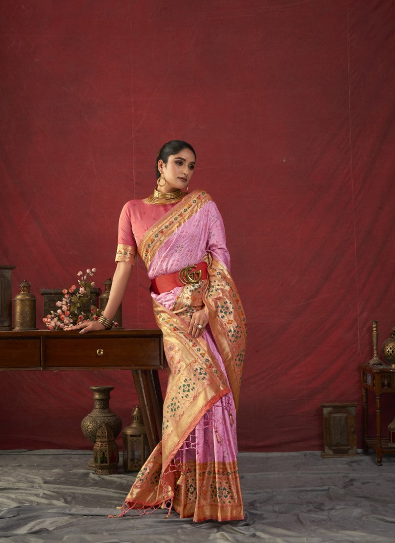 Pink Paithani Silk Saree With Resham Work