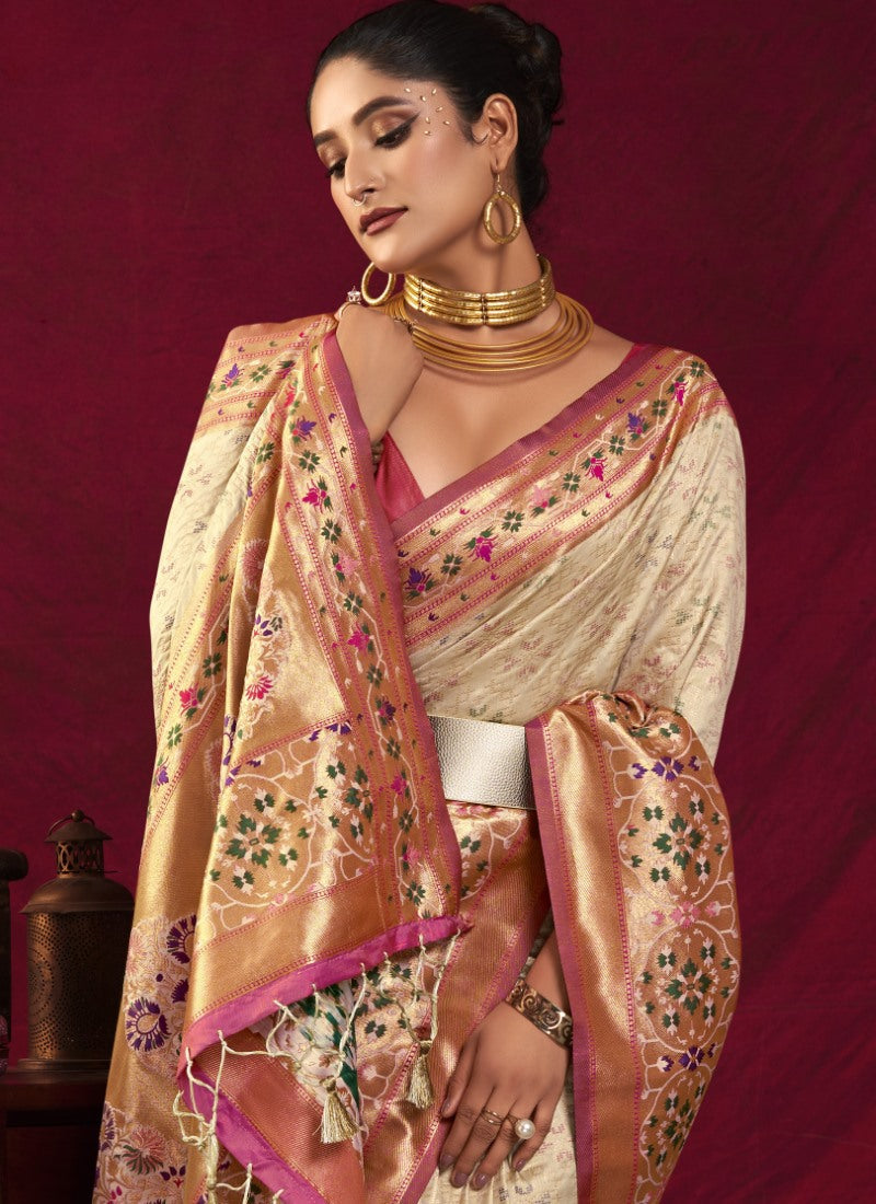 Cream Paithani Silk Saree With Resham Work