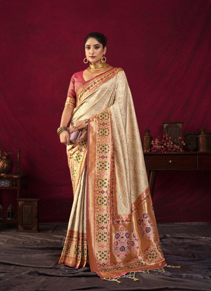 Cream Paithani Silk Saree With Resham Work