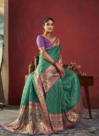 Teal Blue Paithani Silk Saree With Resham Work-2