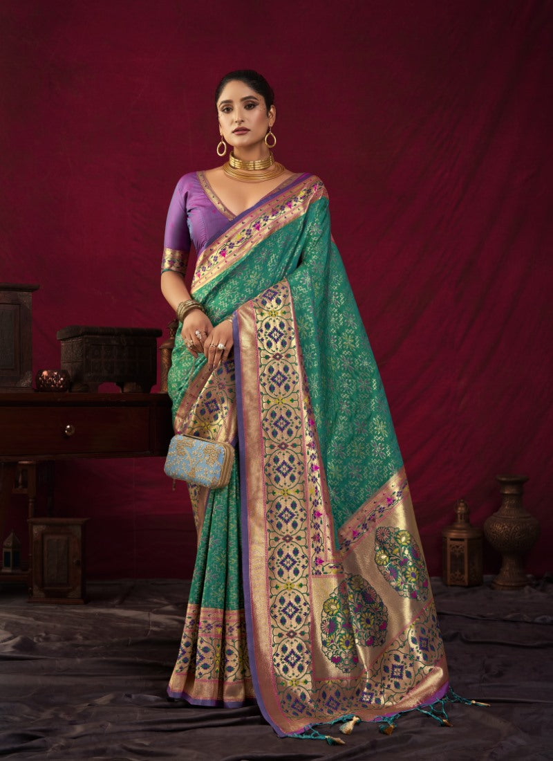 Teal Blue Paithani Silk Saree With Resham Work