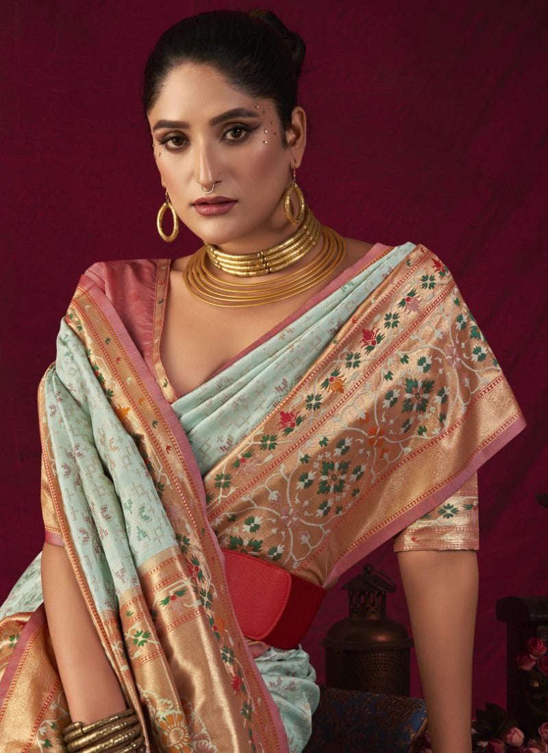 Sea Green Paithani Silk Saree With Resham Work