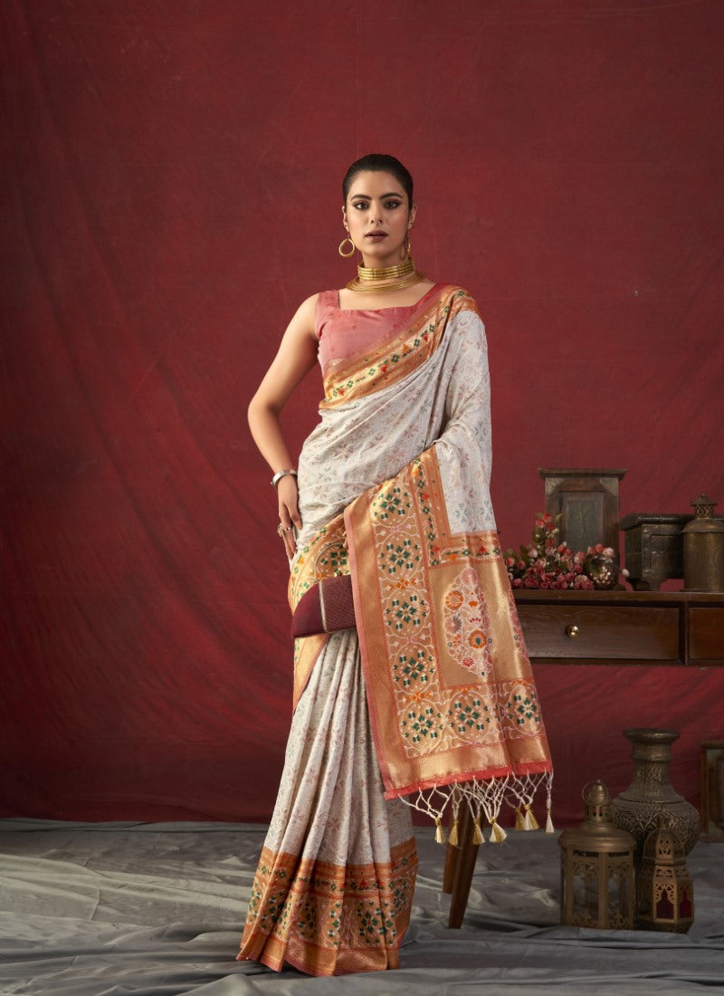 White Paithani Silk Saree With Resham Work-2