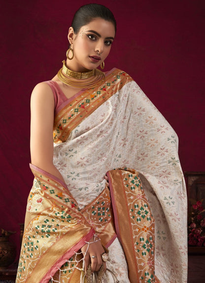 White Paithani Silk Saree With Resham Work