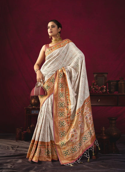 White Paithani Silk Saree With Resham Work