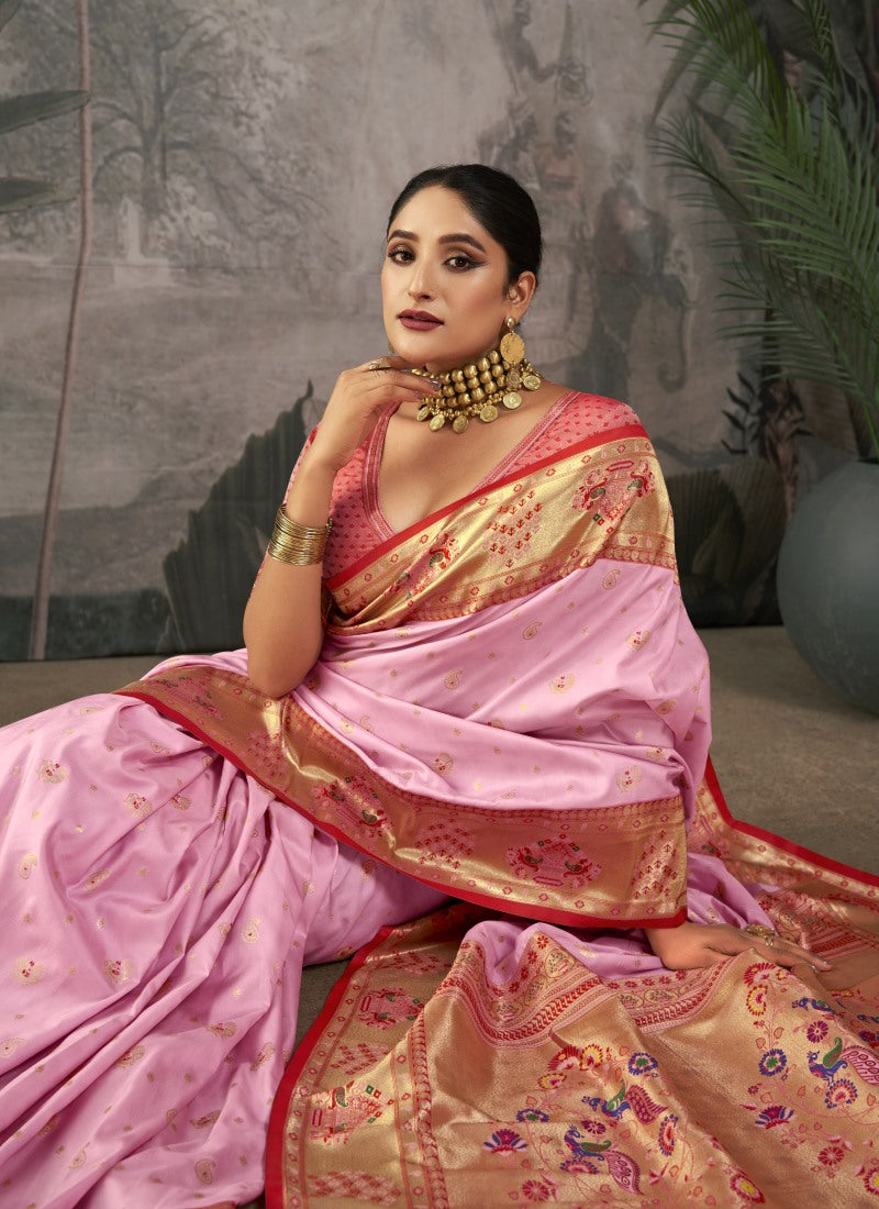 Pink Paithani Silk Saree With Resham Work-2