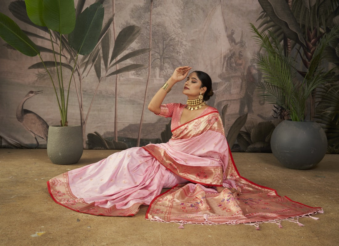 Pink Paithani Silk Saree With Resham Work