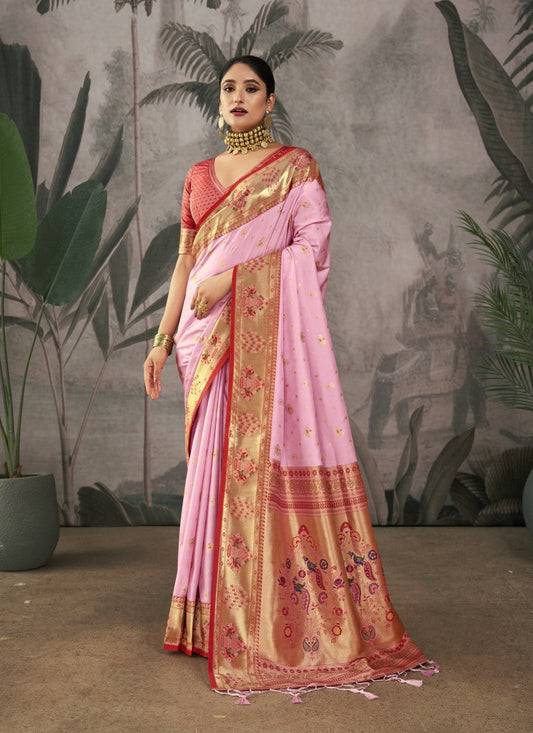 Pink Paithani Silk Saree With Resham Work