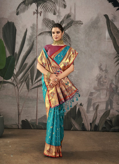 Teal Blue Paithani Silk Saree With Resham Work-2