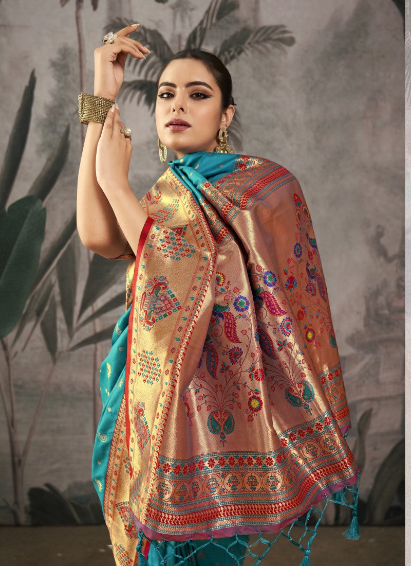 Teal Blue Paithani Silk Saree With Resham Work