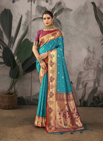 Teal Blue Paithani Silk Saree With Resham Work