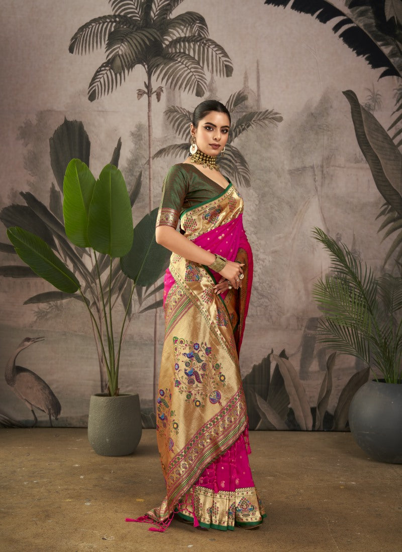 Magenta Paithani Silk Saree With Resham Work