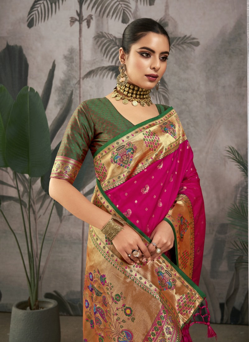 Magenta Paithani Silk Saree With Resham Work