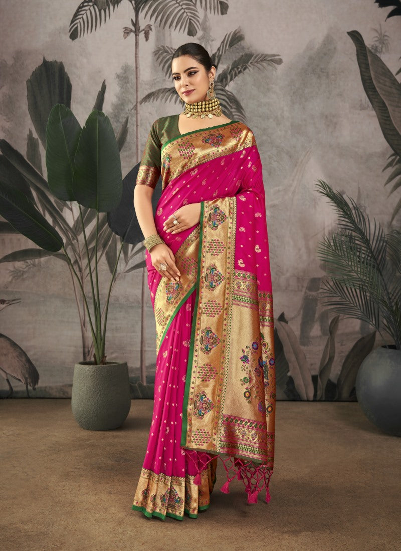 Magenta Paithani Silk Saree With Resham Work