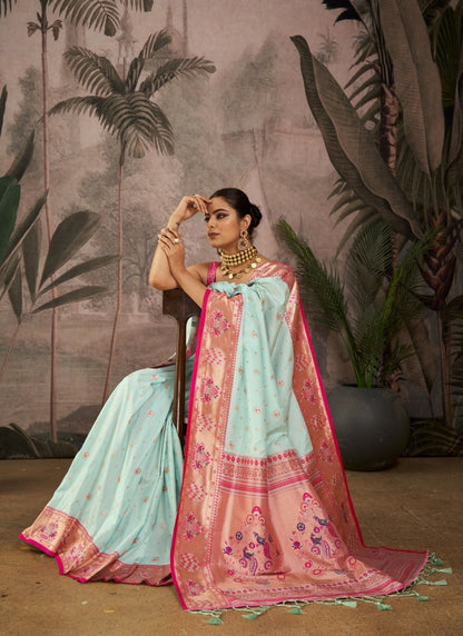 Sky Blue Paithani Silk Saree With Resham Work