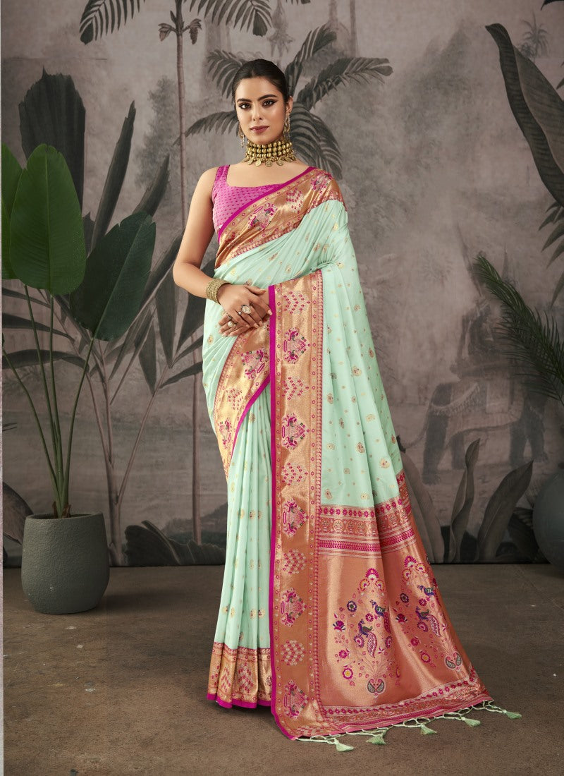 Sky Blue Paithani Silk Saree With Resham Work