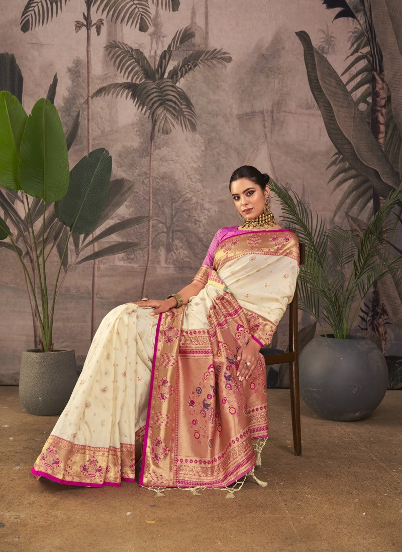 White Paithani Silk Saree With Resham Work-2