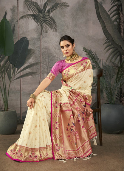 White Paithani Silk Saree With Resham Work