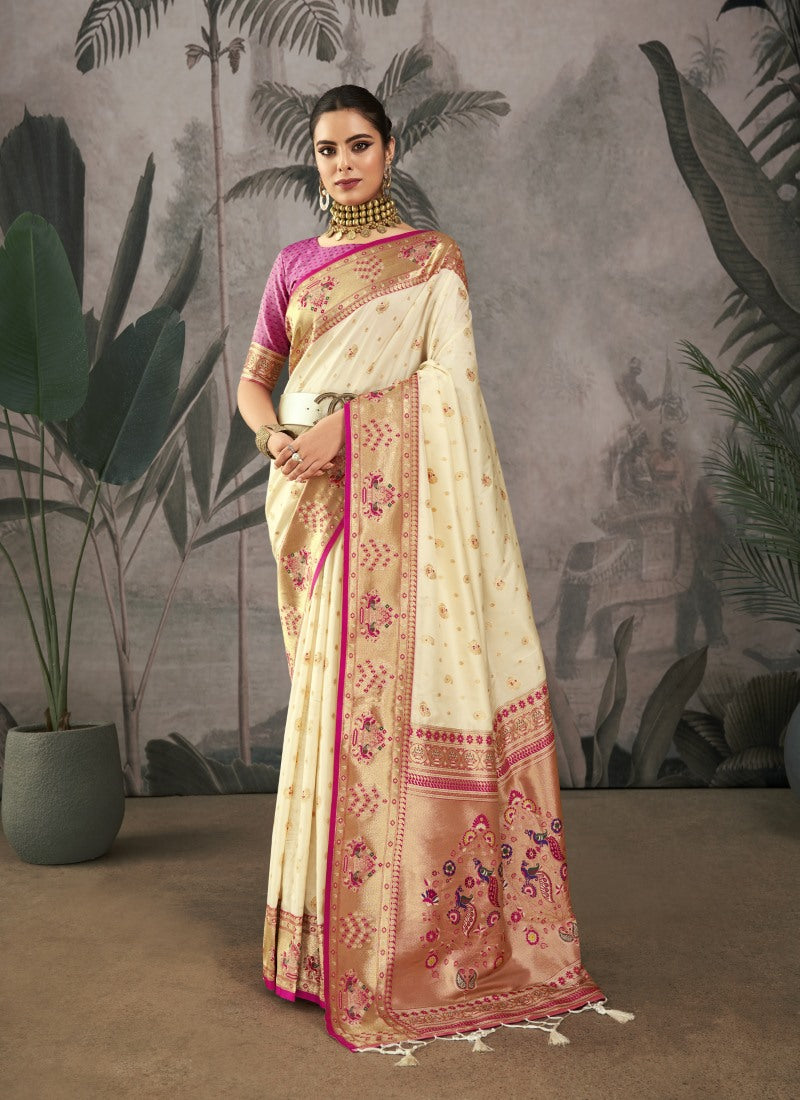 White Paithani Silk Saree With Resham Work