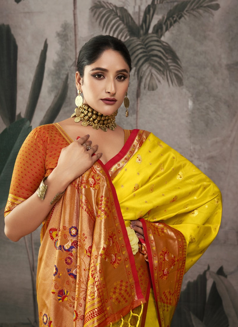 Yellow Paithani Silk Saree With Resham Work