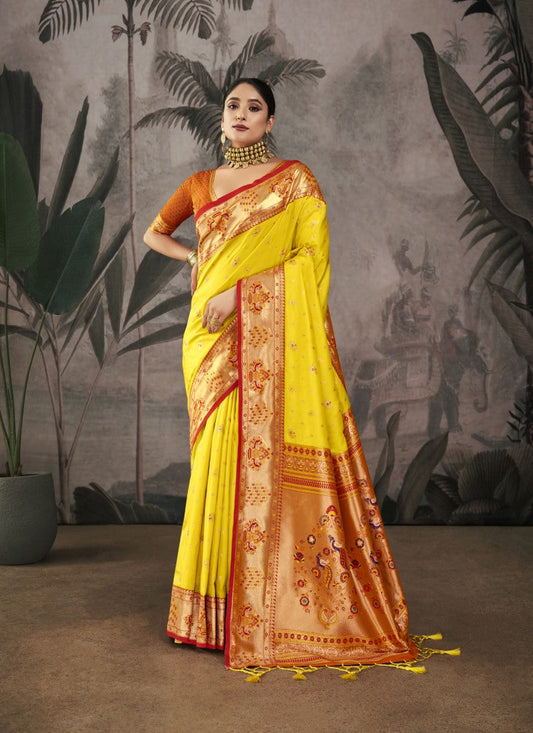 Yellow Paithani Silk Saree With Resham Work