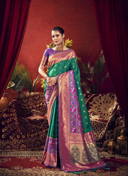 Teal Blue Paithani Silk Saree With Resham Work