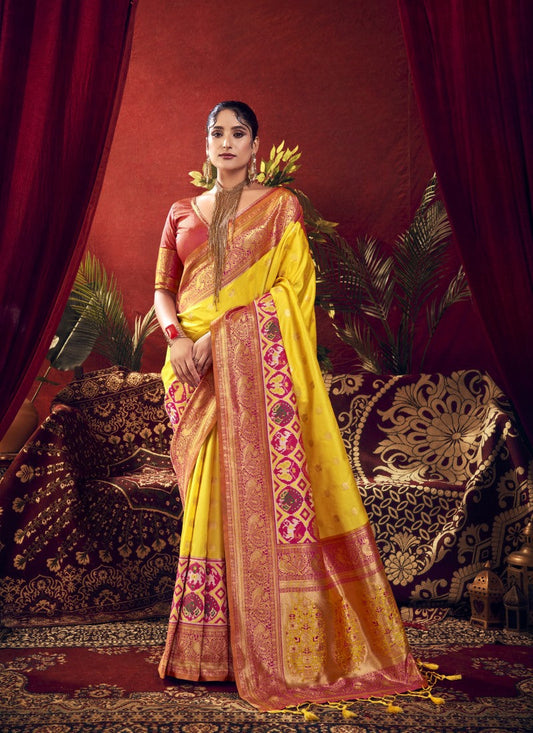 Yellow Paithani Silk Saree With Resham Work