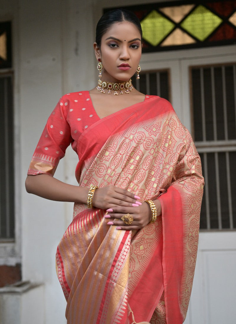 Beige Silk Bandhani Saree