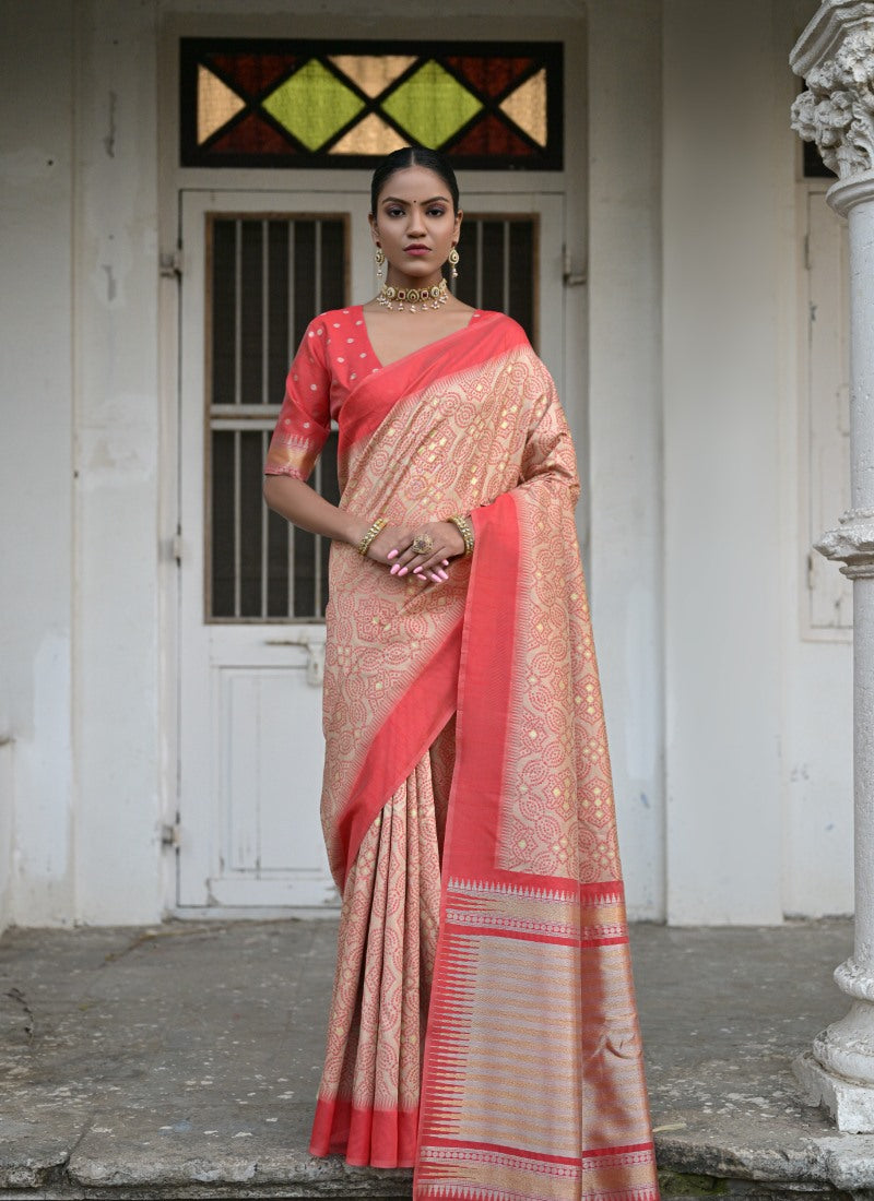 Beige Silk Bandhani Saree