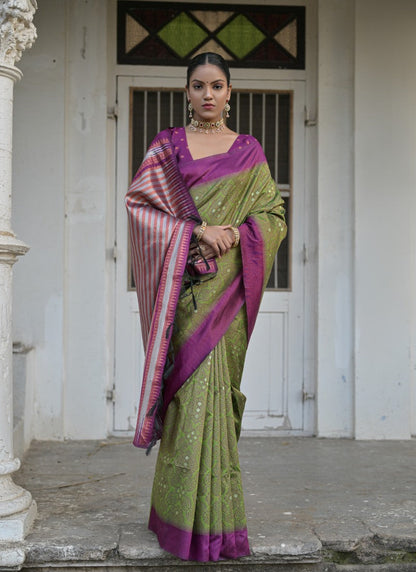 Olive Green Silk Bandhani Saree-2