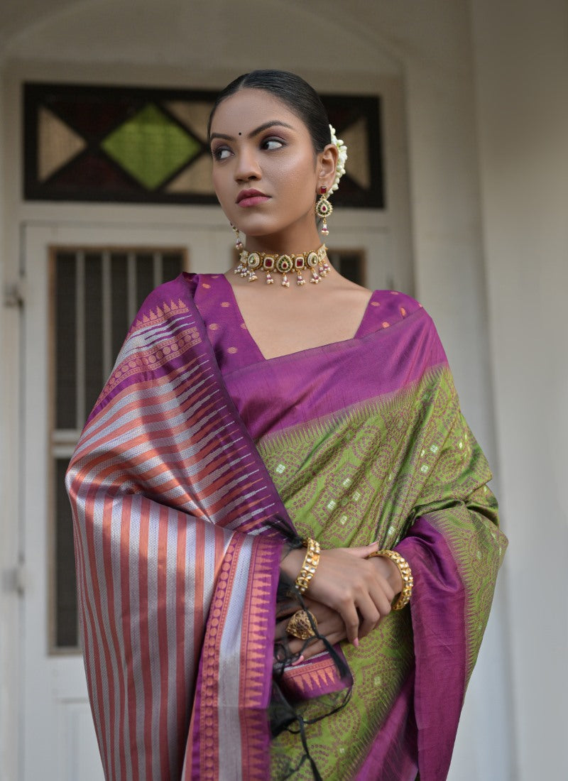 Olive Green Silk Bandhani Saree