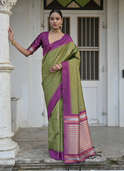 Olive Green Silk Bandhani Saree