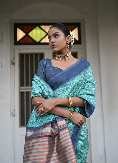 Sea Green Silk Bandhani Saree