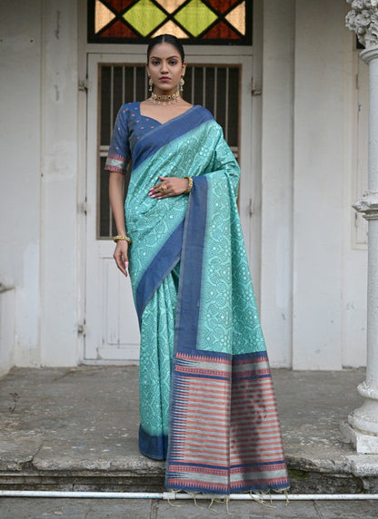 Sea Green Silk Bandhani Saree