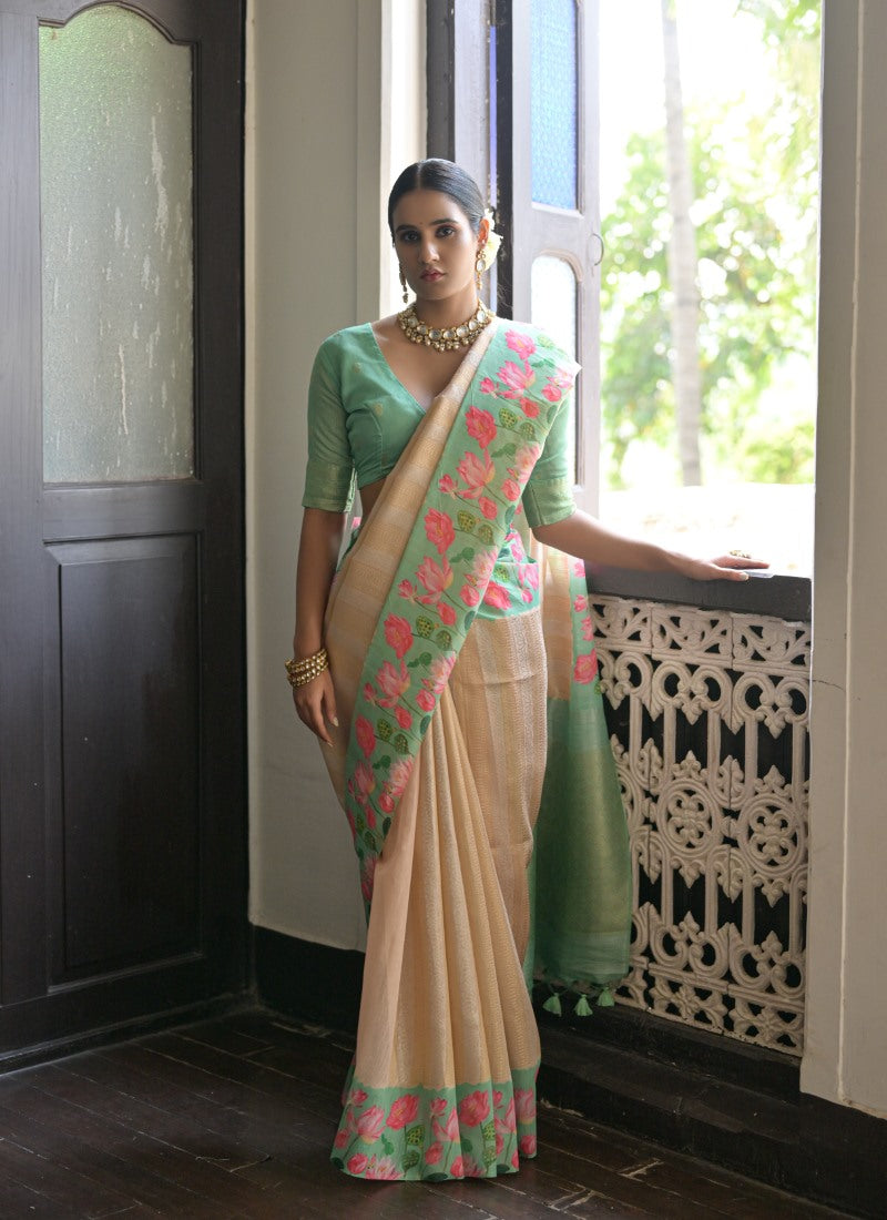 Pista Green Banarasi Silk Saree With Resham Work