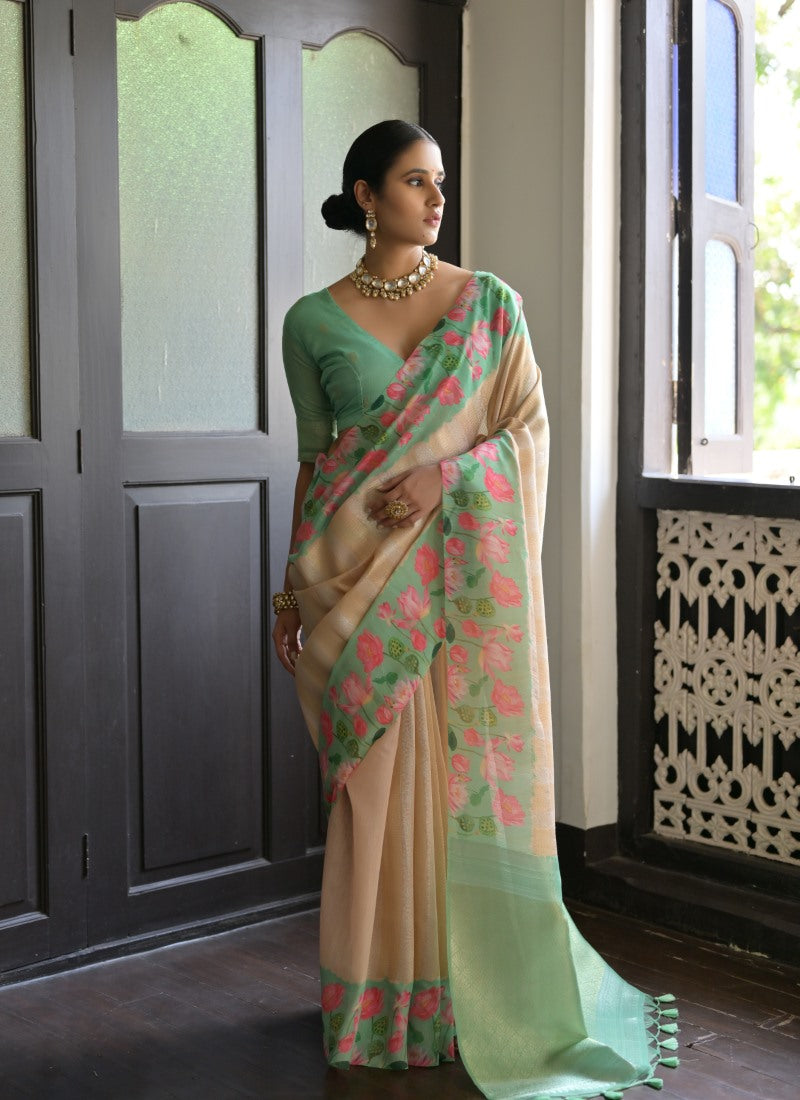 Pista Green Banarasi Silk Saree With Resham Work