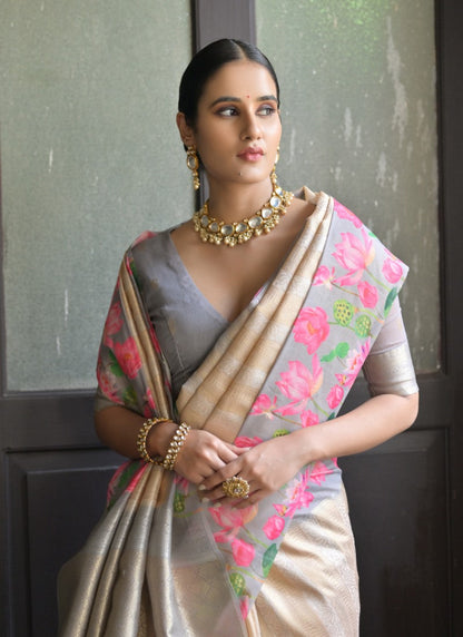 Cream Banarasi Silk Saree With Resham Work