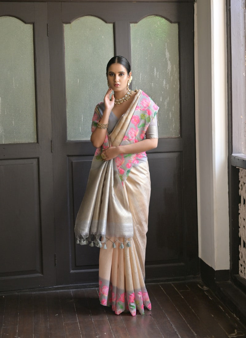 Cream Banarasi Silk Saree With Resham Work