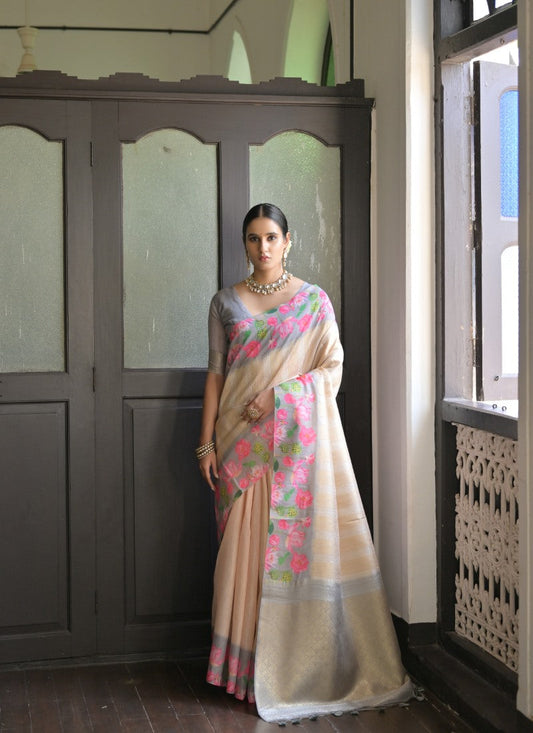 Cream Banarasi Silk Saree With Resham Work