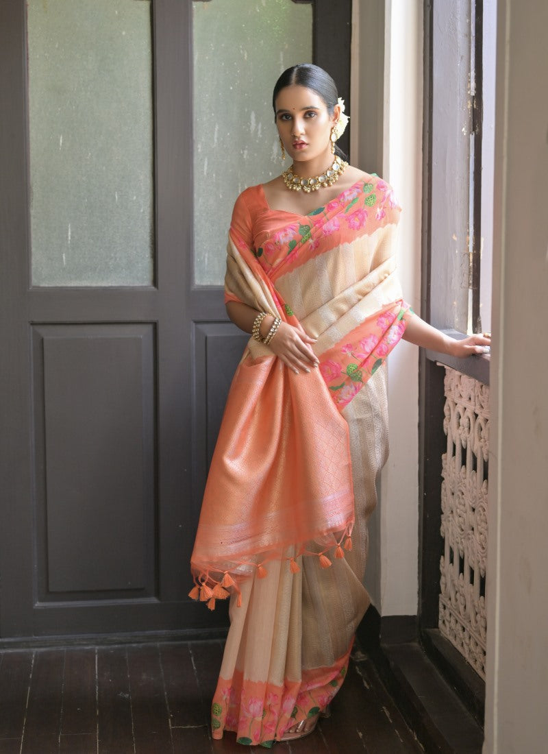 Orange Banarasi Silk Saree With Resham Work