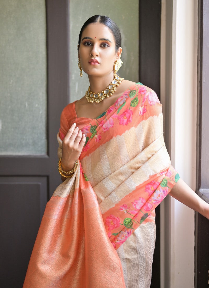 Orange Banarasi Silk Saree With Resham Work