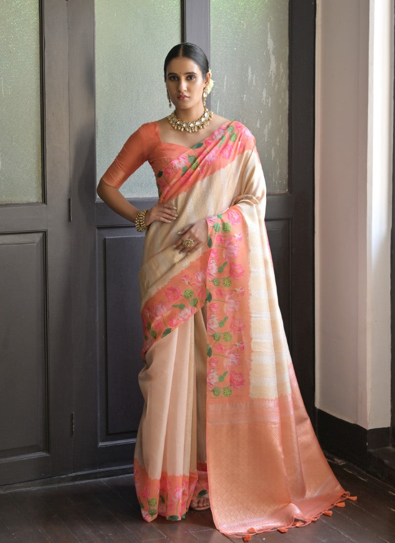 Orange Banarasi Silk Saree With Resham Work